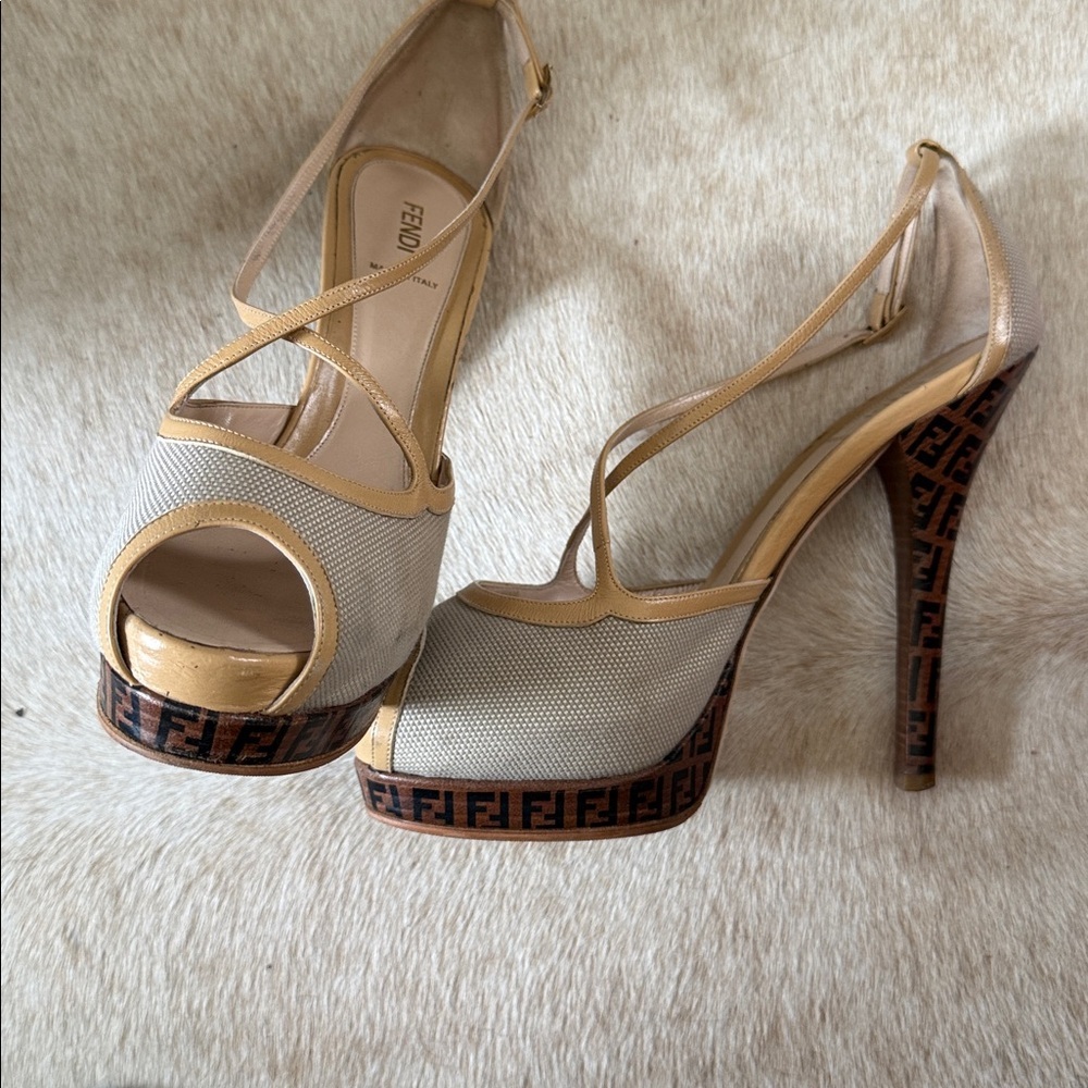 Fendi Beige Zucca Strappy Platform Peep-Toe Heels with FF Logo Platform - Picture 2 of 13